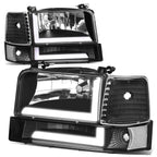 92-96 Ford F-150 F-250 F-350 Bronco Dual LED DRL Headlights Black