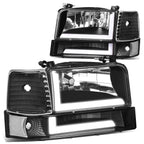 92-96 Ford F-150 F-250 F-350 Bronco Dual LED DRL Headlights Black