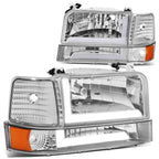 92-96 Ford F-150 F-250 F-350 Bronco Dual LED DRL Headlights Chrome