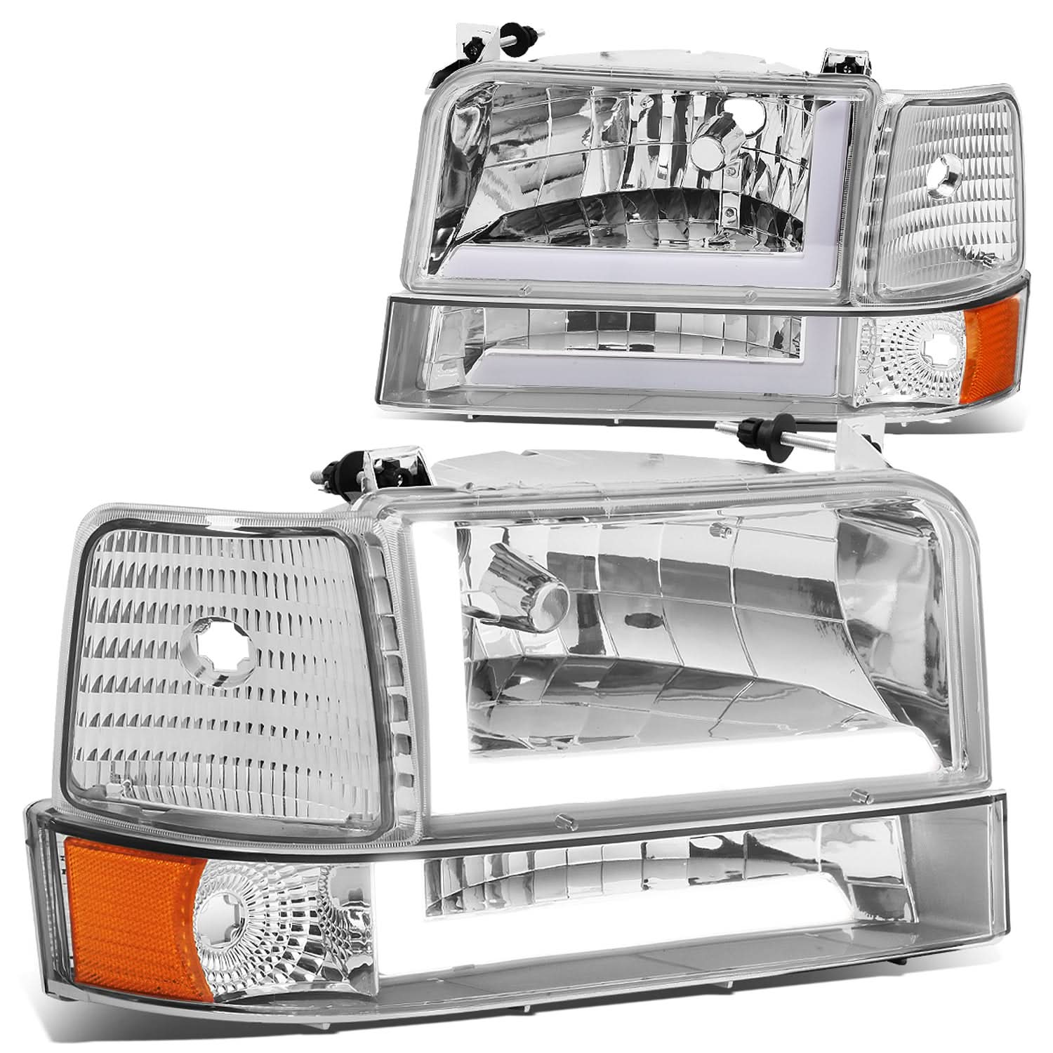 92-96 Ford F-150 F-250 F-350 Bronco Dual LED DRL Headlights Chrome