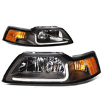 99-04 Ford Mustang LED DRL Headlights Black Housing Amber Corner