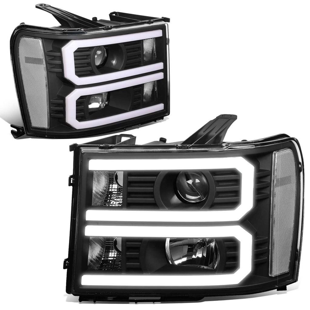 2007-2014 GMC Sierra Dual U-Bar LED DRL Headlights Black Housing