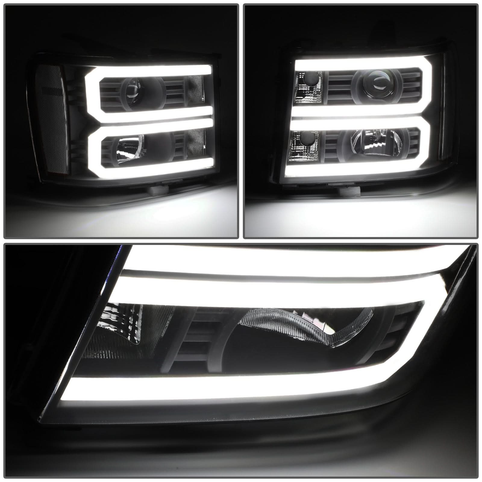 2007-2014 GMC Sierra Dual U-Bar LED DRL Headlights Black Housing