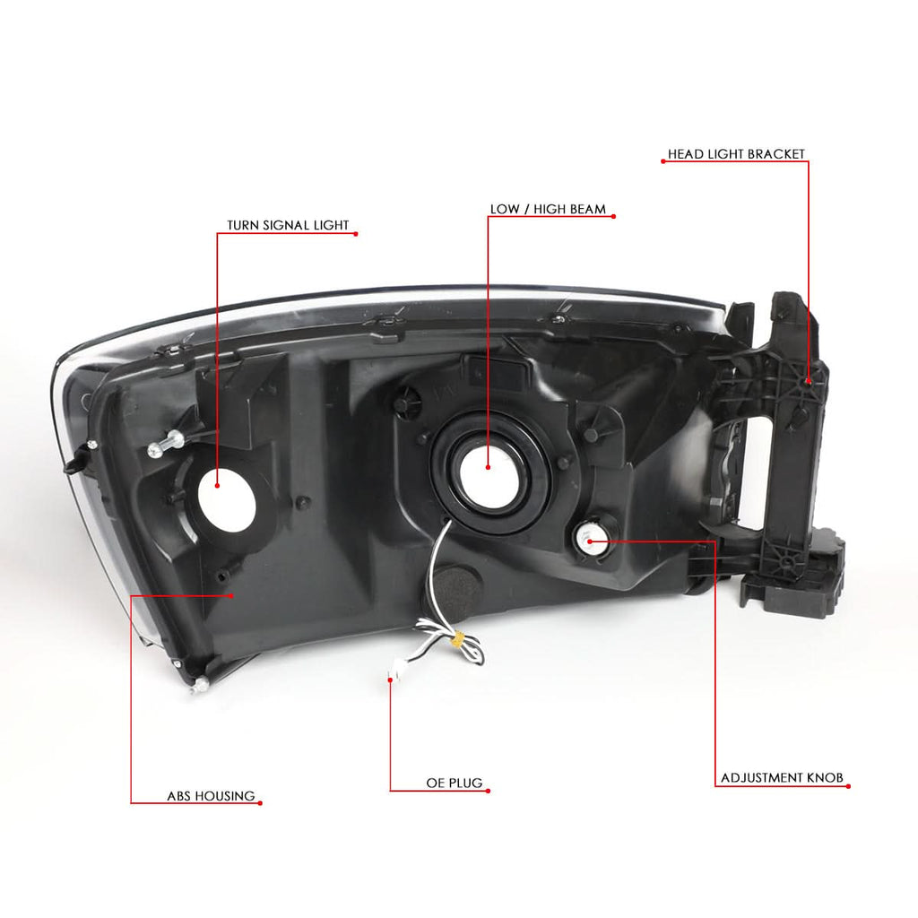 06-09 Dodge Ram LED DRL Headlights Black Housing Clear Corner