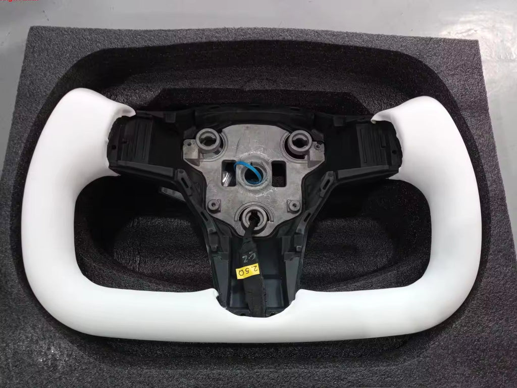 Leather Yoke Heated Steering Wheel for Tesla Model 3/Y White Black Carbon Patches