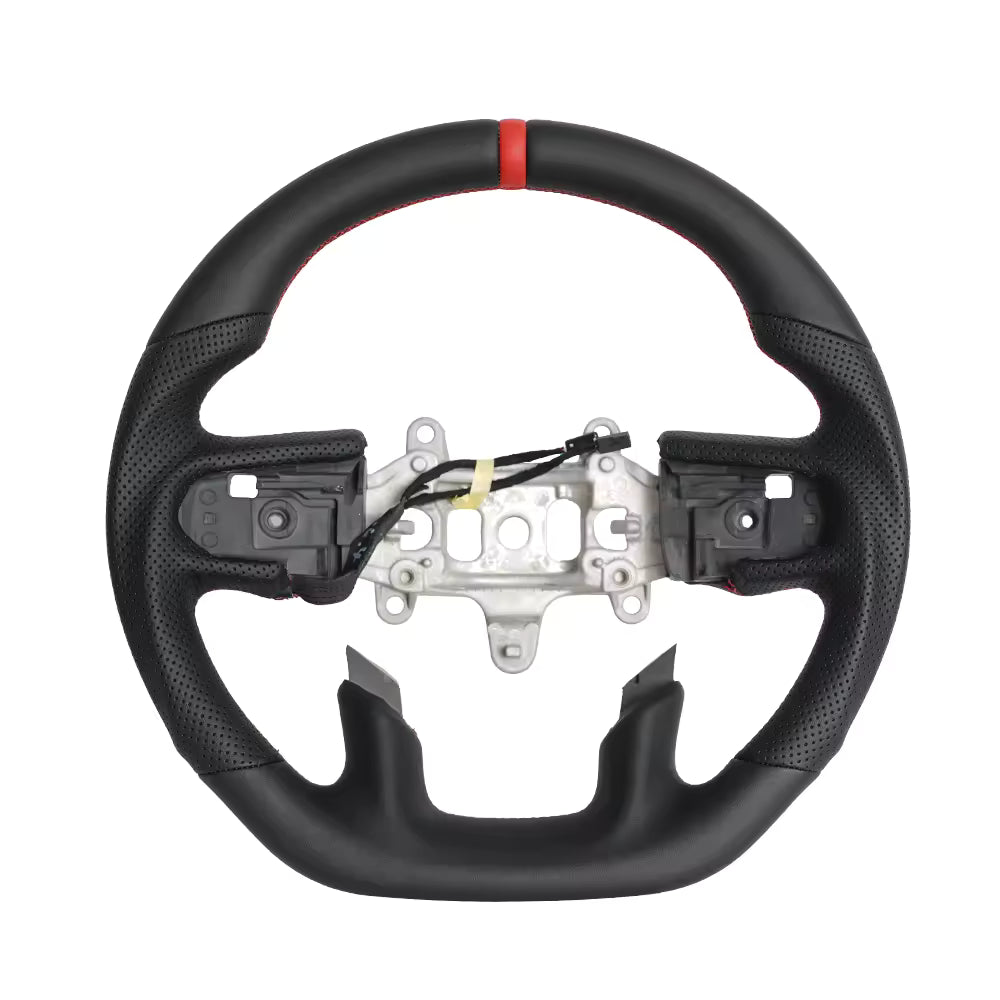 Black Full Leather Heated Steering Wheel with Red Center Stripe for Ram 1500 Rebel 2019-2024