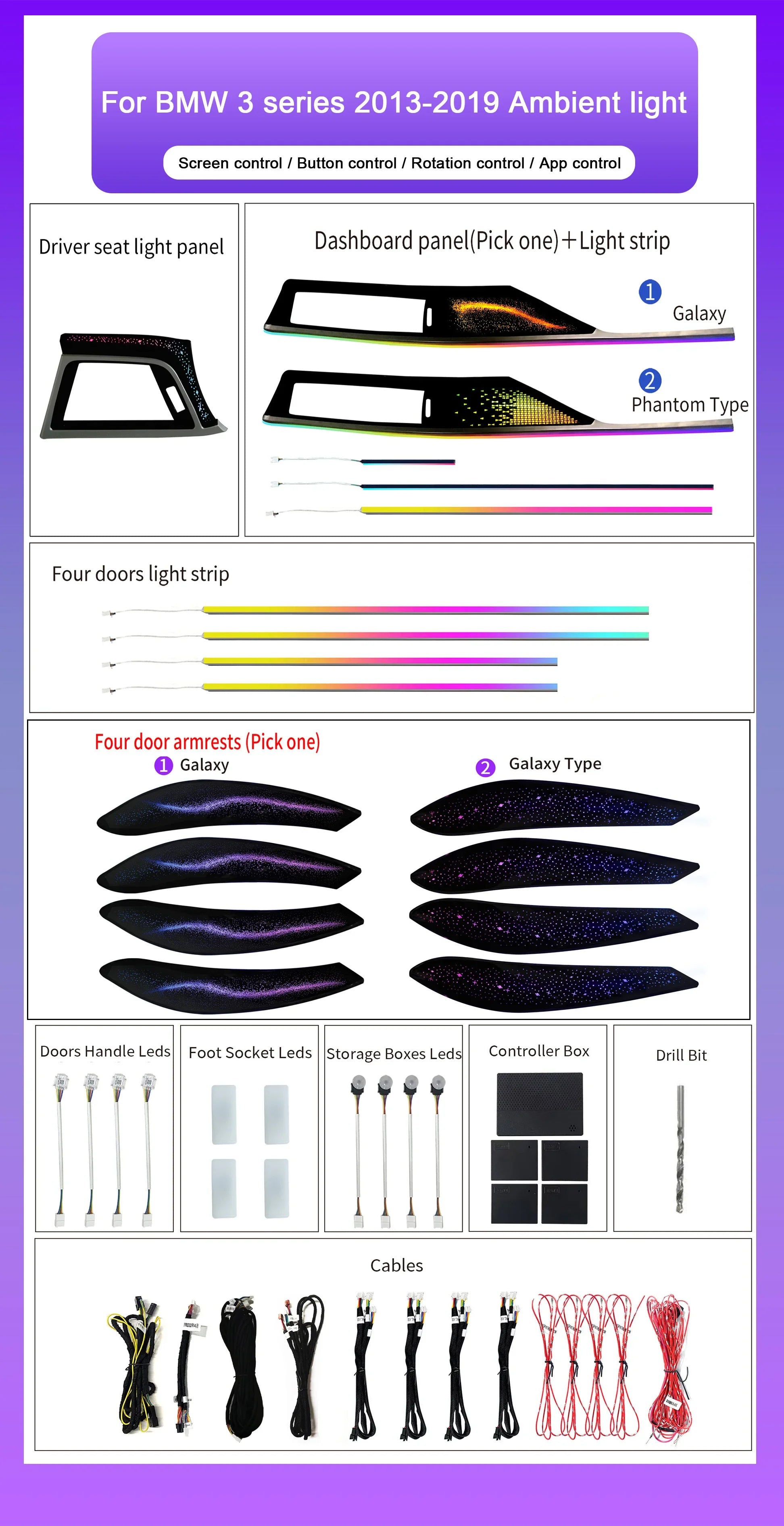 BMW 3 Series F30 / F34 / F35 LHD & RHD Interior 64-Color Symphony Starry Sky LED Ambient Light Kit 2013 - 2019