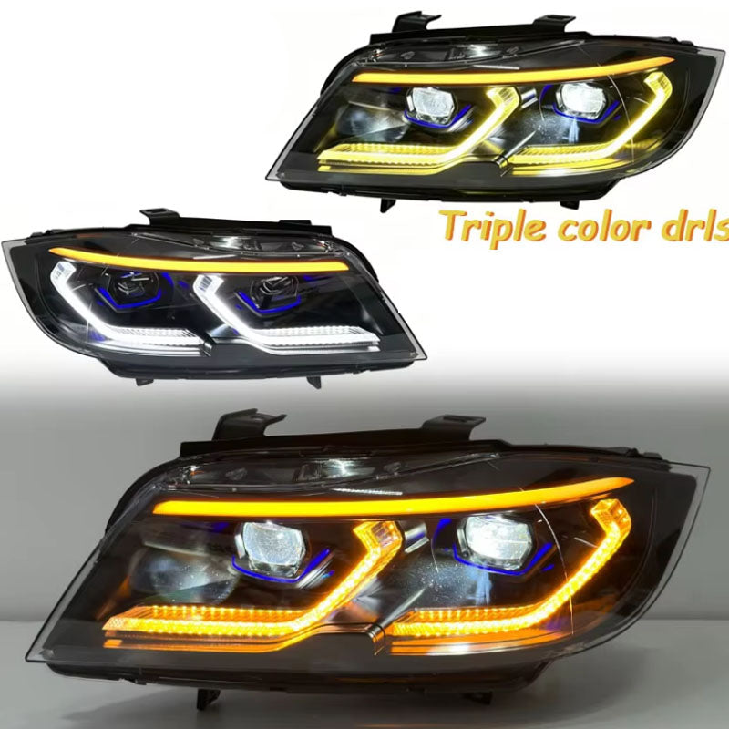 BMW E90 Tri-Color DRL LED Headlights Smoked Upgrade 2005–2011