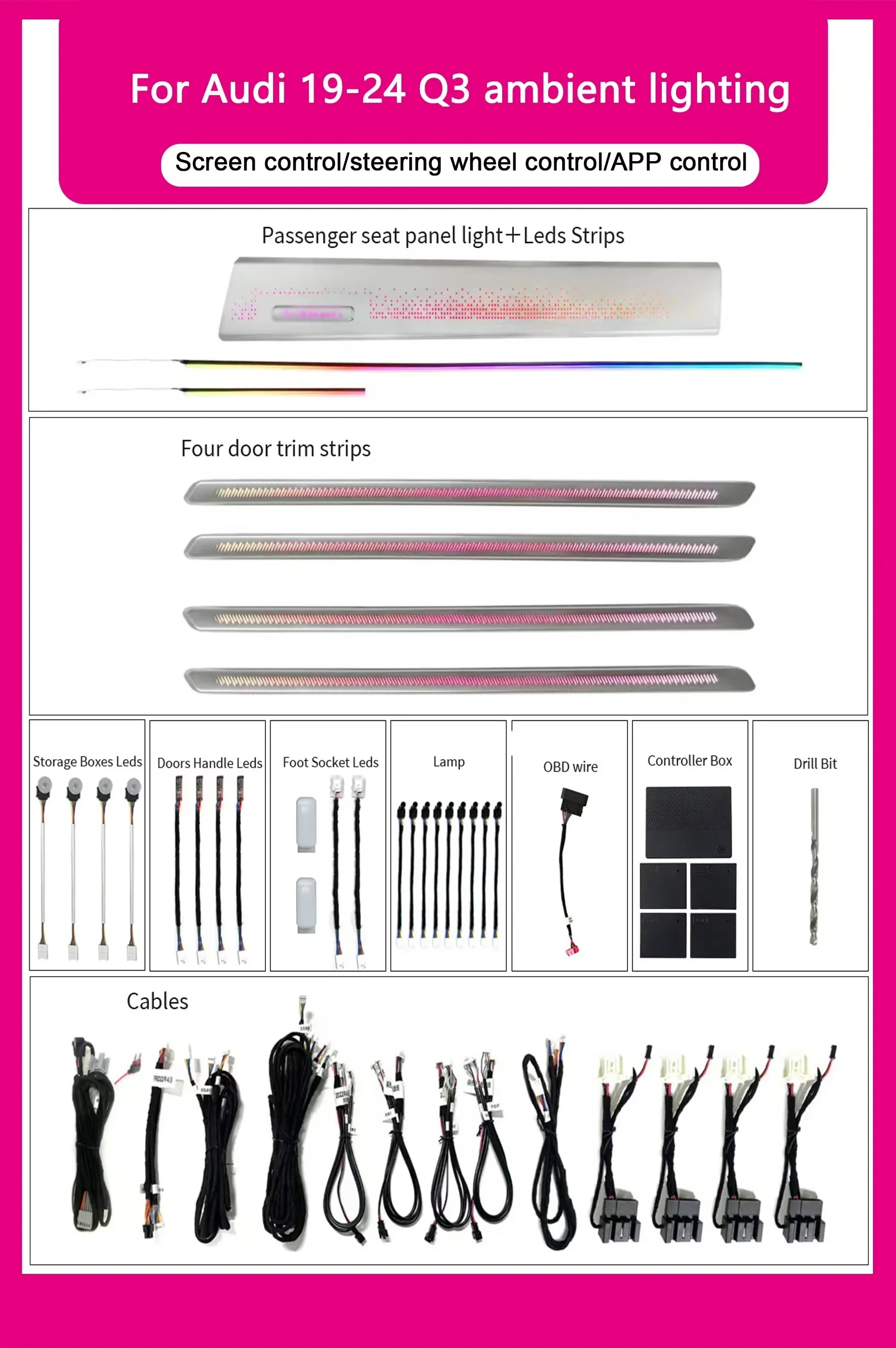 Audi Q3 Interior 64-Color Dynamic LED Ambient Light Kit 2019 - 2024