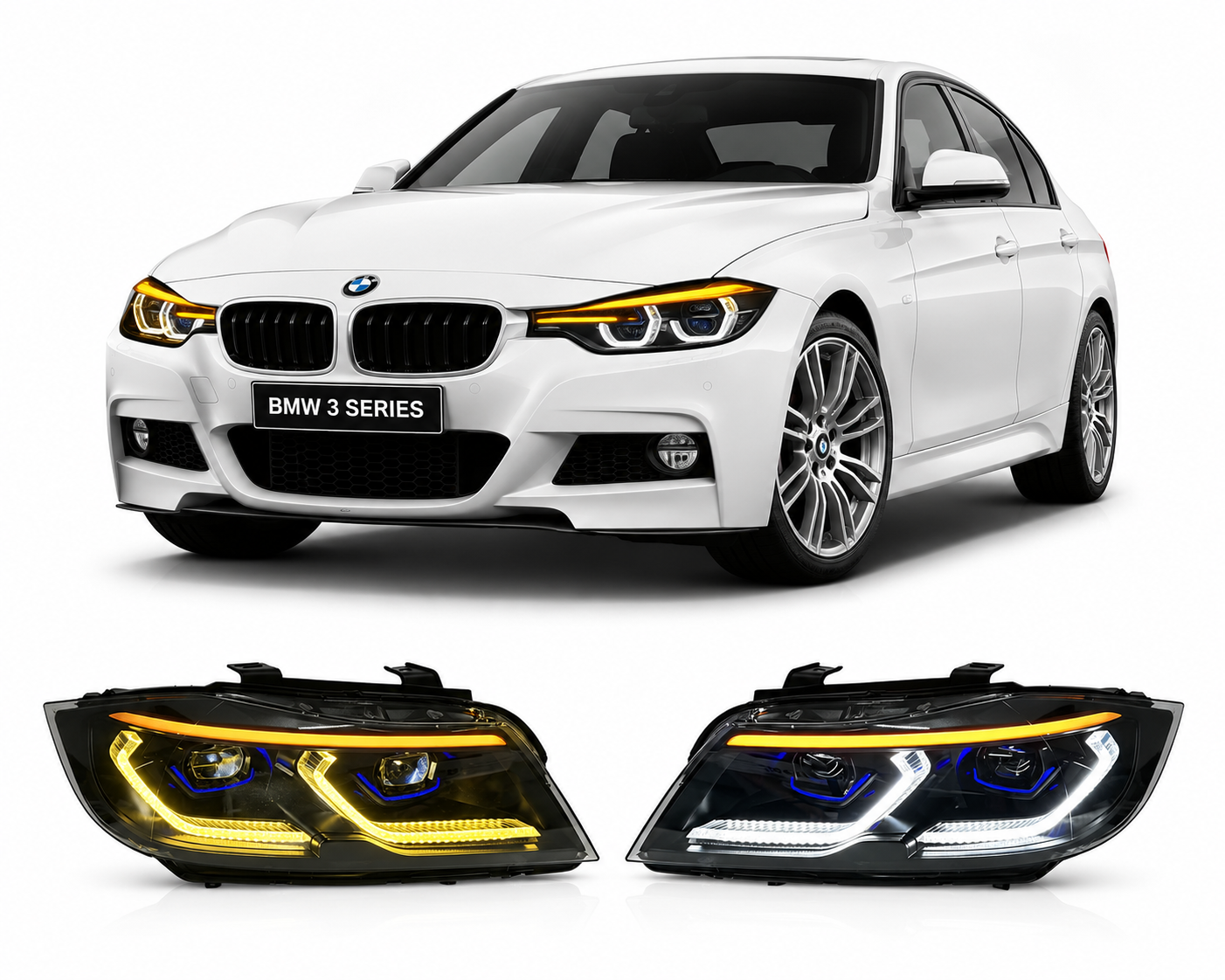 BMW E90 Tri-Color DRL LED Headlights Smoked Upgrade 2005–2011