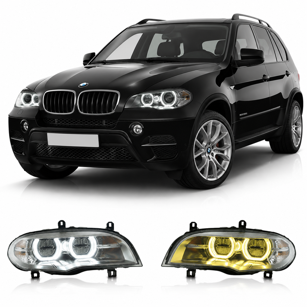 Angel Eyes Style Dual Color LED Headlights Assembly for BMW X5 E70 (2008–2013)