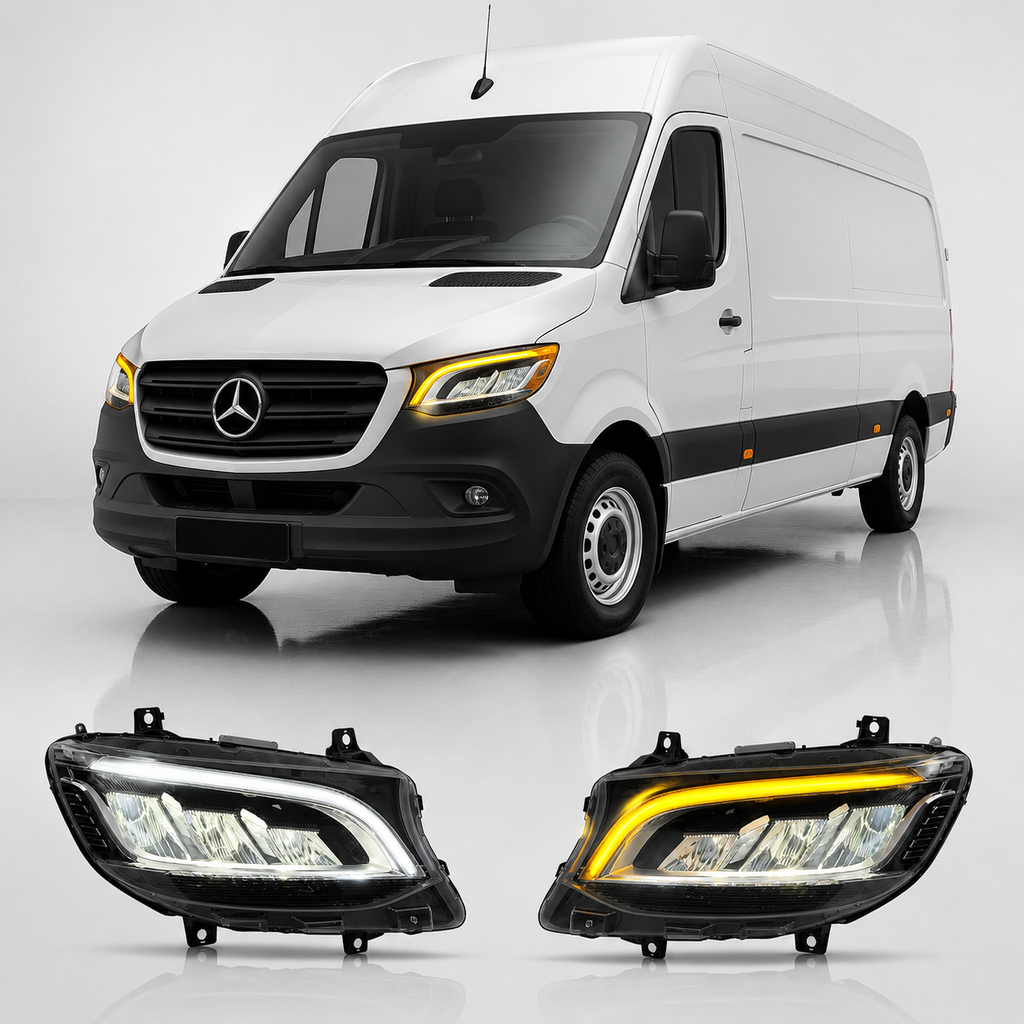 LED Headlights Assembly for Mercedes-Benz Sprinter | Three-Eye Style Upgrade | LED Daytime Running Lights | Plug & Play