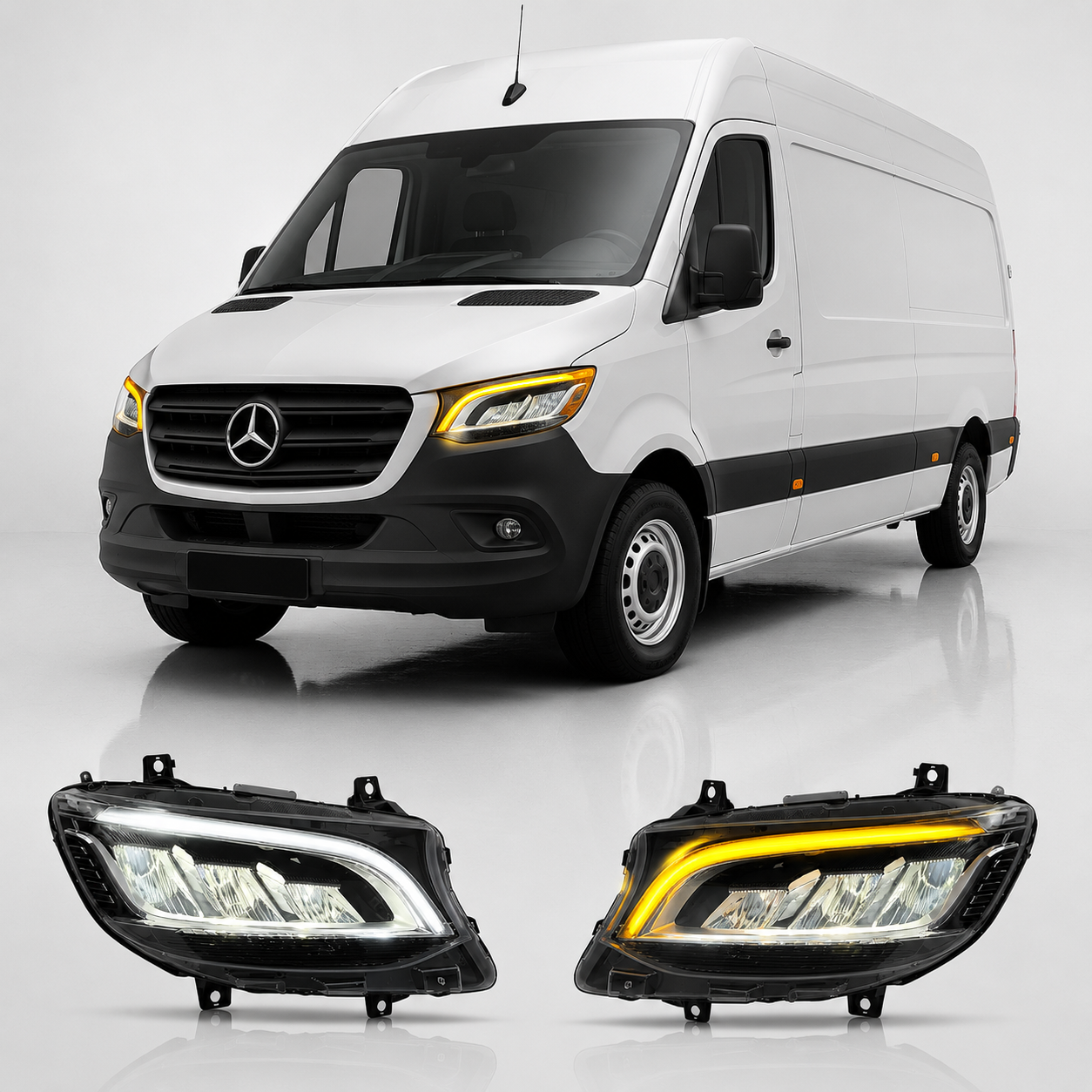LED Headlights Assembly for Mercedes-Benz Sprinter | Three-Eye Style Upgrade | LED Daytime Running Lights | Plug & Play