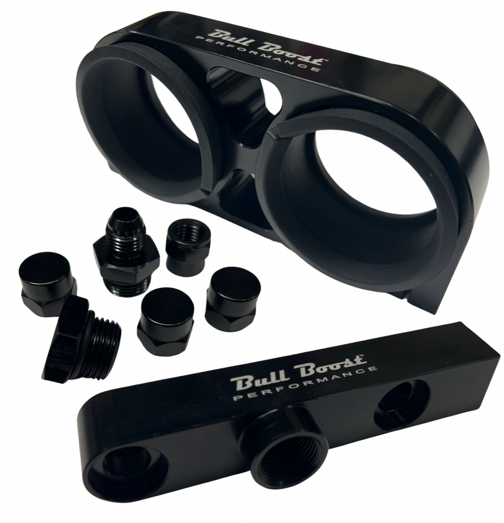 Billet Twin Dual Bosch 044 380lph AEM Fuel Pump Outlet Manifold Mounting Bracket - Bull Boost Performance