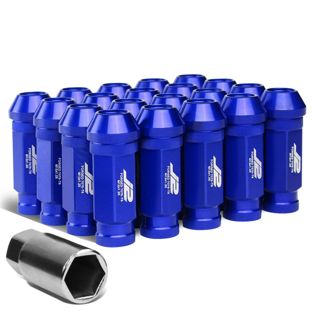 Aluminum Open-End Lug Nuts 60mm M12x1.25 Blue 20pcs w/ Adapter