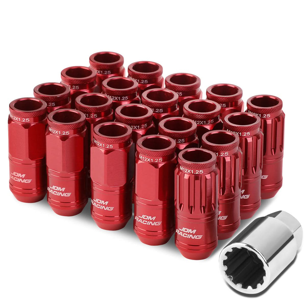 Acorn Style Aluminum Lug Nuts M12x1.25 50mm Red 16pcs + 4 Locks