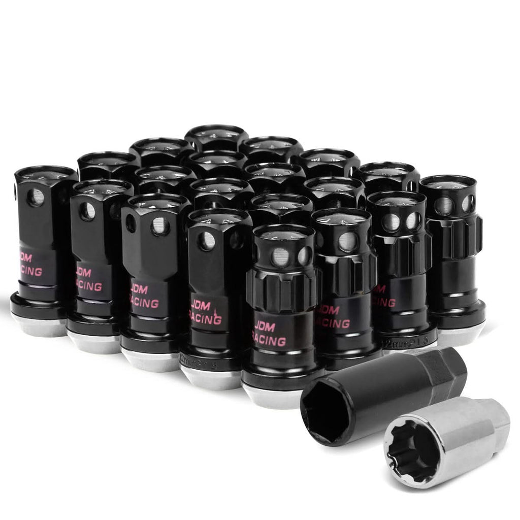 M12x1.5 Aluminum Lug Nuts 45mm Closed End 16pc + 4 Locks Black Silver