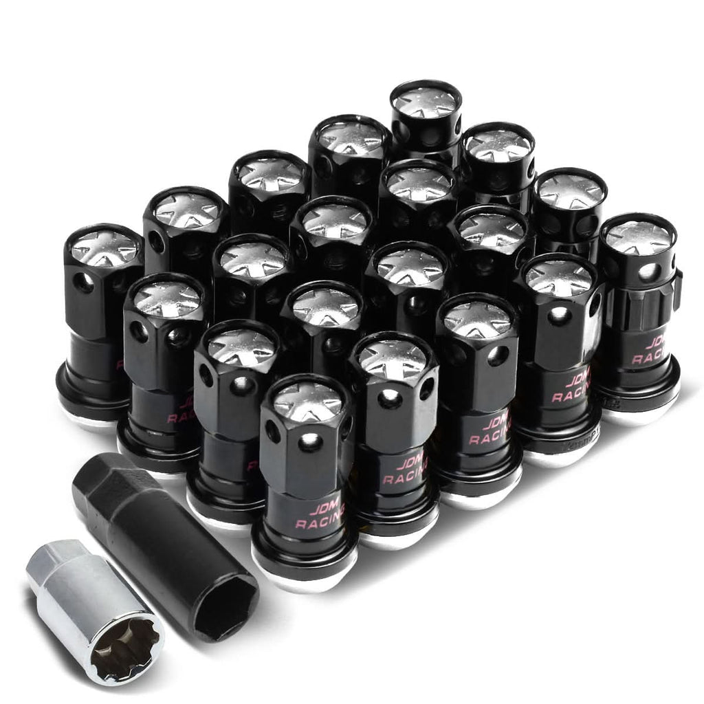 M12x1.5 Aluminum Lug Nuts 45mm Closed End 16pc + 4 Locks Black Silver