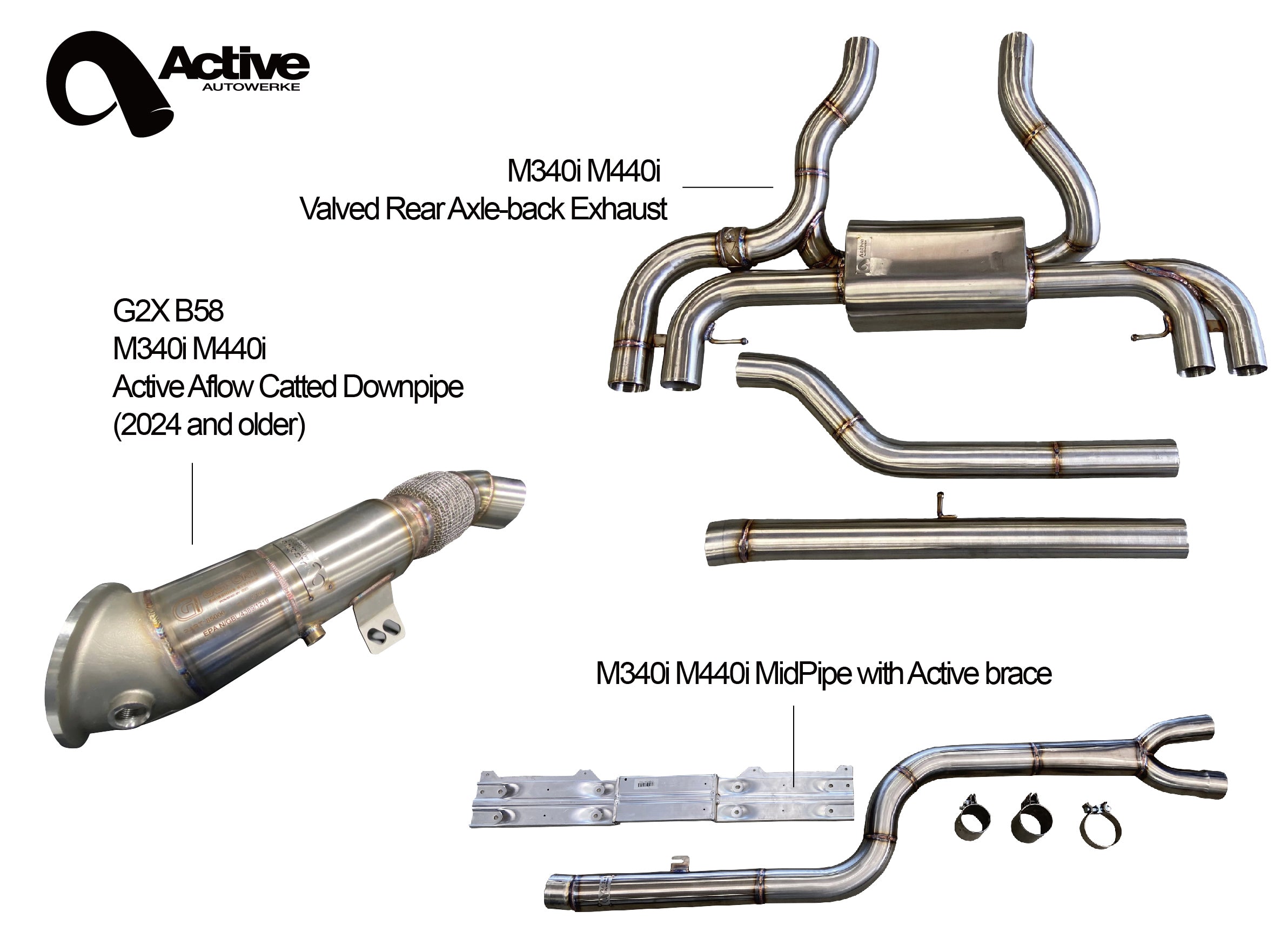 Active Autowerke M340i/M440i Rear Exhaust Aflow Downpipe and Midpipe Bundle 2024 and Older