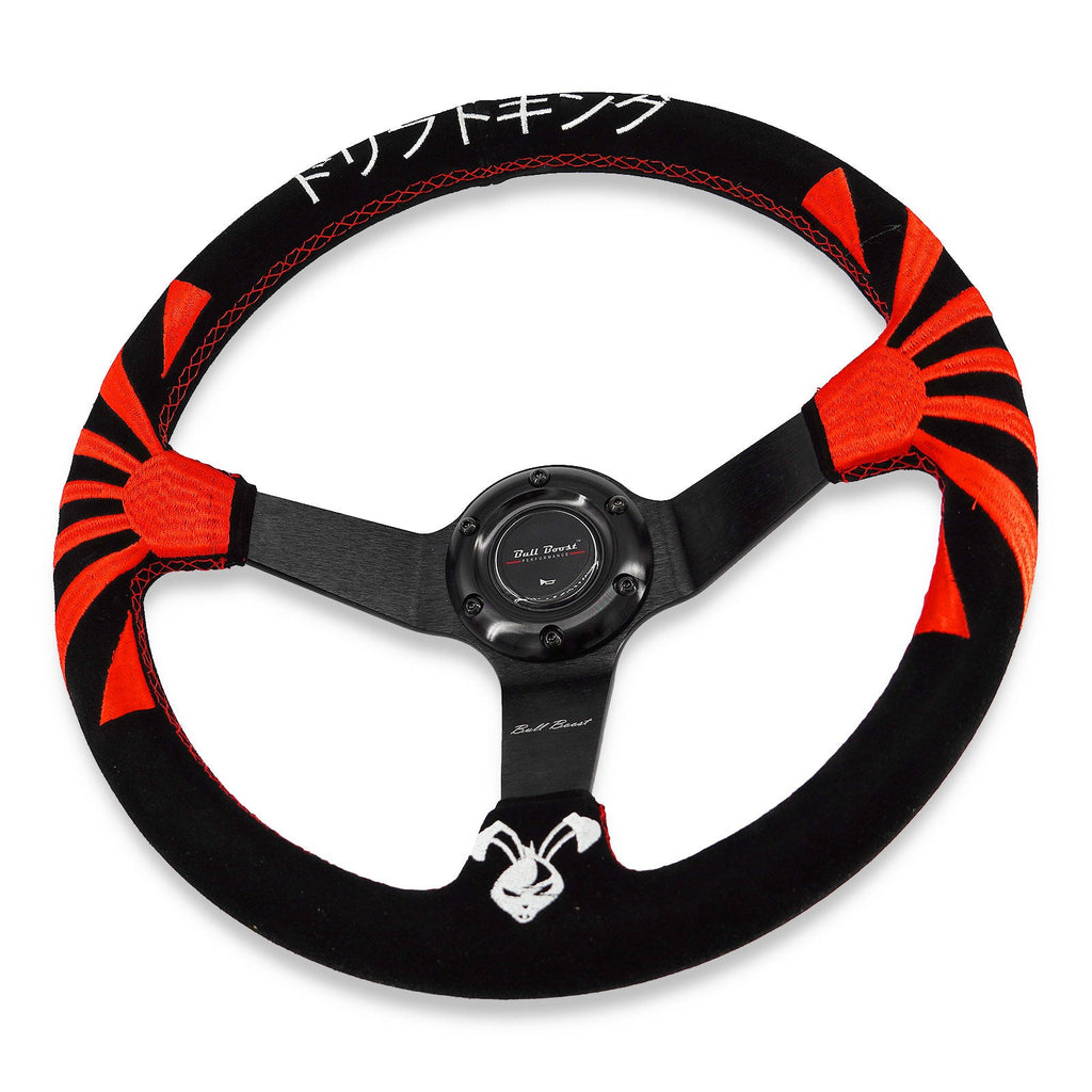 Okinawa Japan Rising Sun Universal 350mm 3"Deep Dish 6-Bolt Steering Wheel Black Suede - Bull Boost Performance