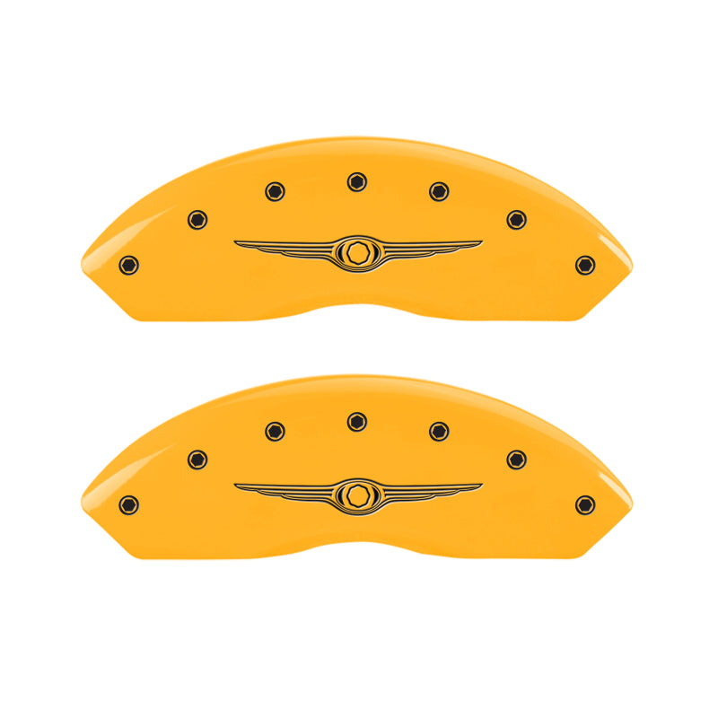 MGP 4 Caliper Covers Engraved Front & Rear Style 1/Chrysler Wing Yellow finish black ch