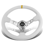 Universal 350MM Deep Dish Steering Wheel White Leather Silver Center