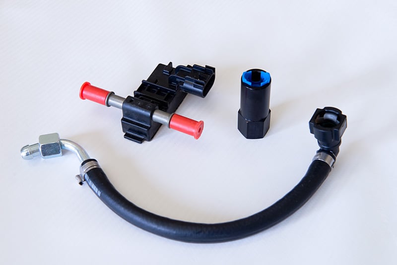 Fuel fitting, sensor, and lines for Mercedes C63 AMG performance flex fuel E85 system