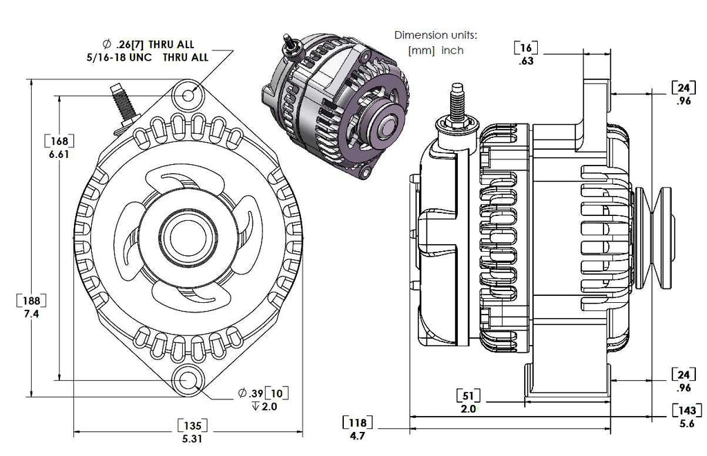 REVERSE ROTATION Marine 170-amp high output alternator for Ski / Wake Board Boats with 12SI 6.61 inch bolt pattern - V-Belt Pulley