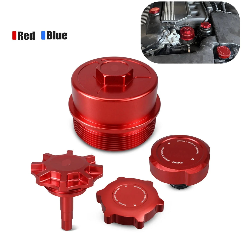 BMW 3 Series E36 E46 / 5 Series E39 / X3 E83 / X5 E53 / Z3 M52 M54 Billet Aluminum M-Style Engine Cap Set Oil Filler Filter Power Steering Coolant 1992 - 2006