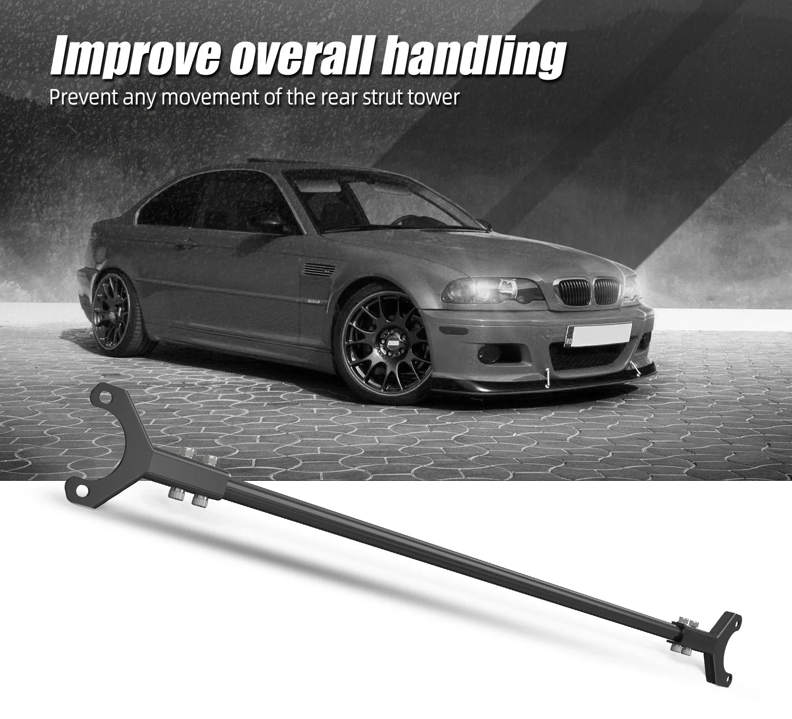 BMW E46 3 Series Sedan Steel Rear Strut Tower Brace Bar 1999 - 2006 (323i / 325i / 328i / 330i)