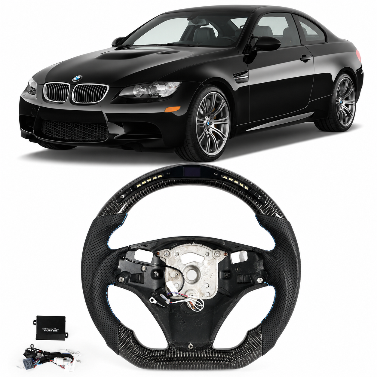 LED Carbon Fiber Steering Wheel for BMW E90 E92 E93 M3, 328i & 335i with Paddle Shifter Cutouts