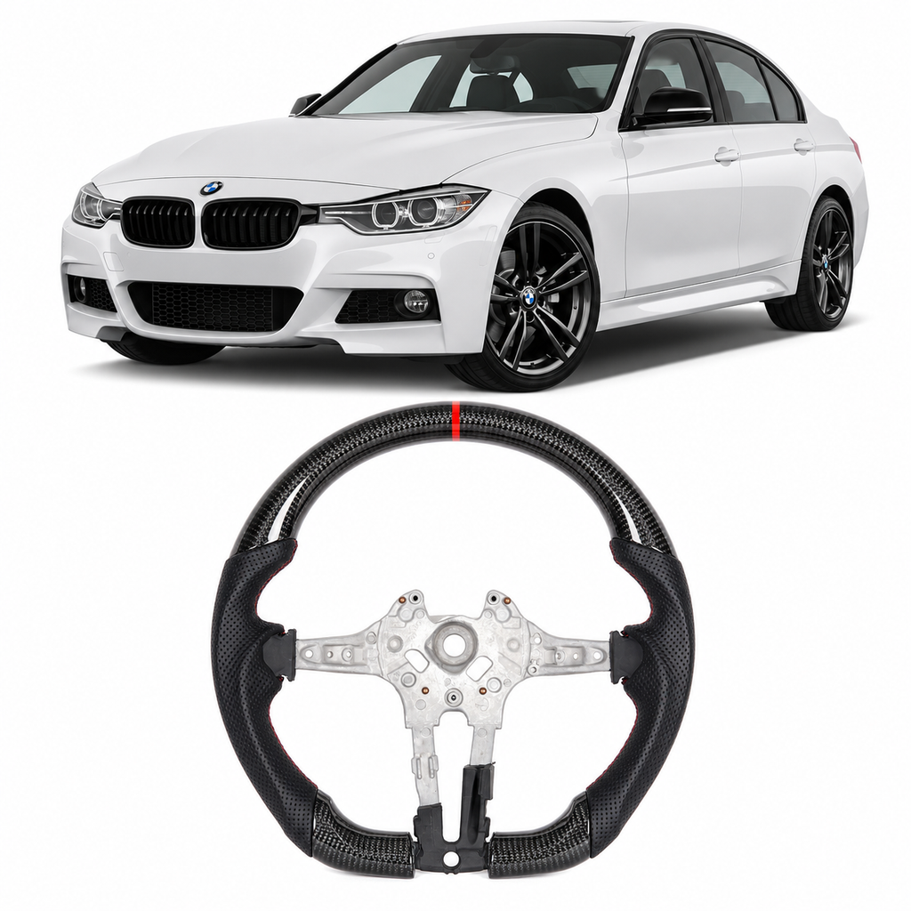 Real Carbon Fiber Steering Wheel for BMW F-Series 1, 2, 3, 4, X1, X3, X6 & M2 – Tri-Color or Red Stripe