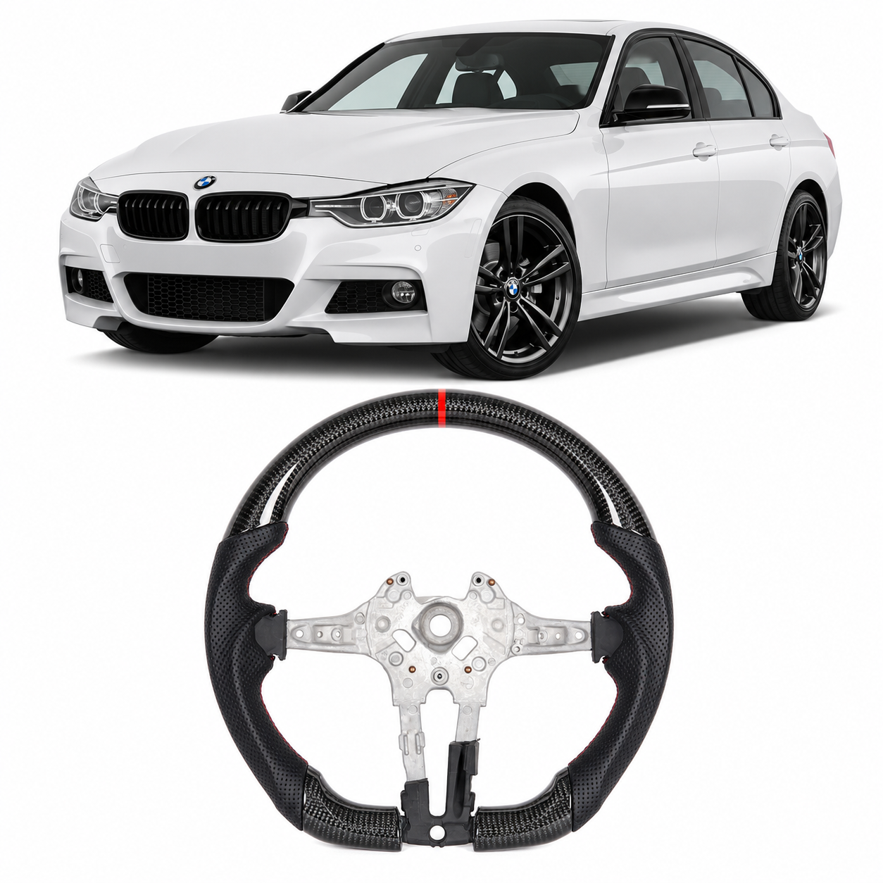 Real Carbon Fiber Steering Wheel for BMW F-Series 1, 2, 3, 4, X1, X3, X6 & M2 – Tri-Color or Red Stripe