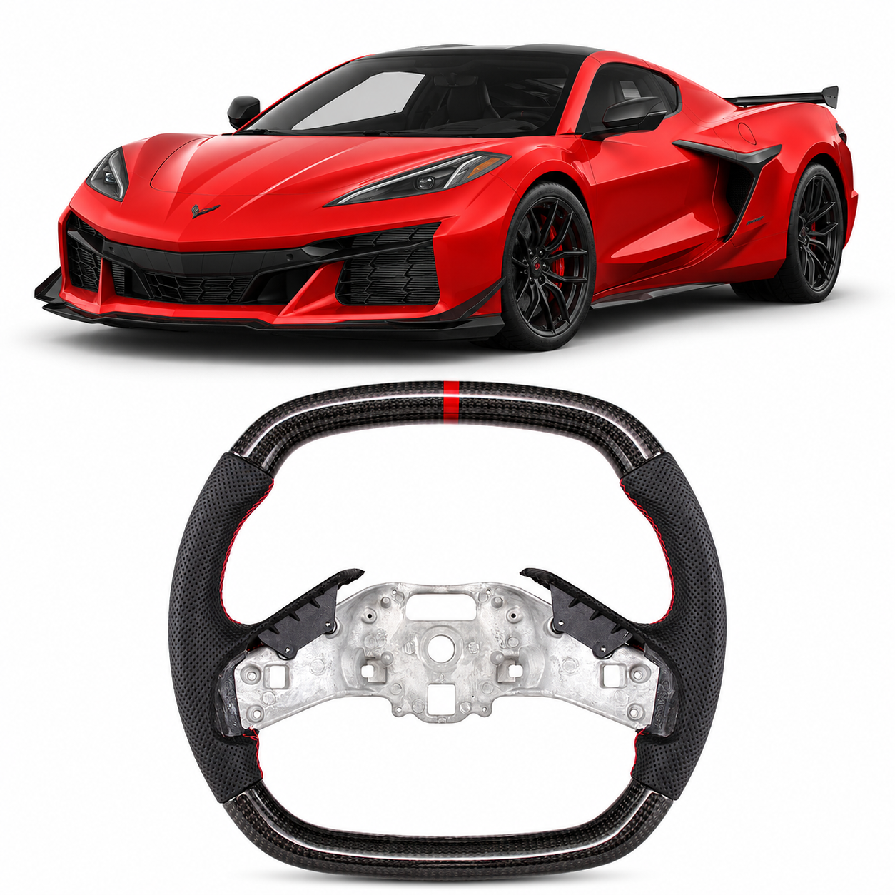 Real Carbon Fiber Steering Wheel for Chevrolet Corvette C8 Z06 Z51 2020–2026 with Red Center Stripe (Non-Heated)