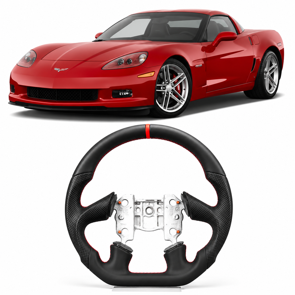 Full Leather Steering Wheel for Chevrolet Corvette C6 2005 4-Spoke with Red/Black Center Line (Non-Heated)