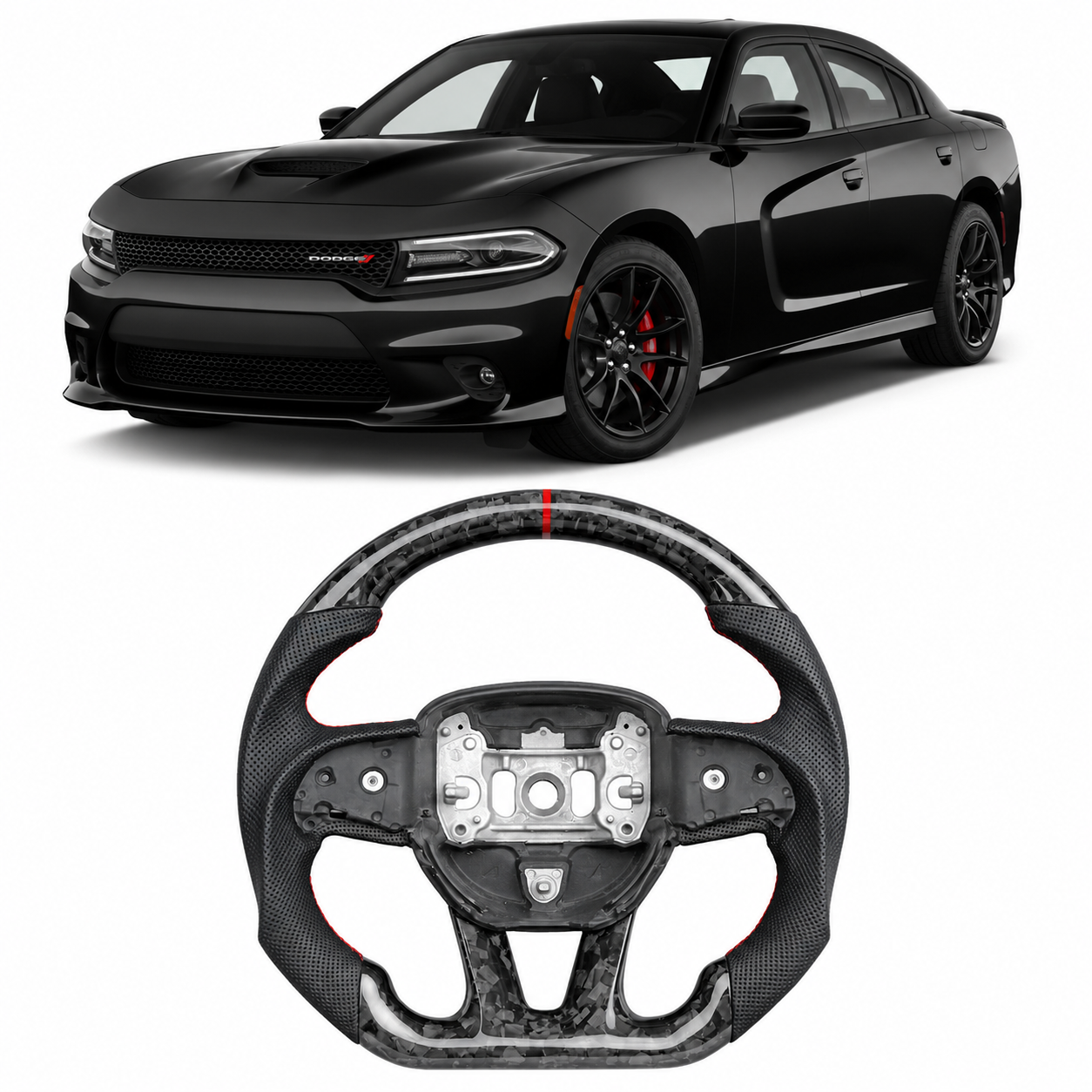 Glossy Forged Carbon Fiber Steering Wheel for Dodge Charger, Challenger & Durango 2015-2025