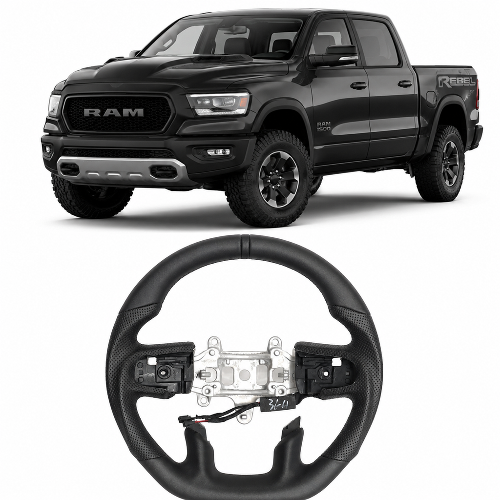 Black Full Leather Heated Steering Wheel with Red Center Stripe for Ram 1500 Rebel 2019-2024