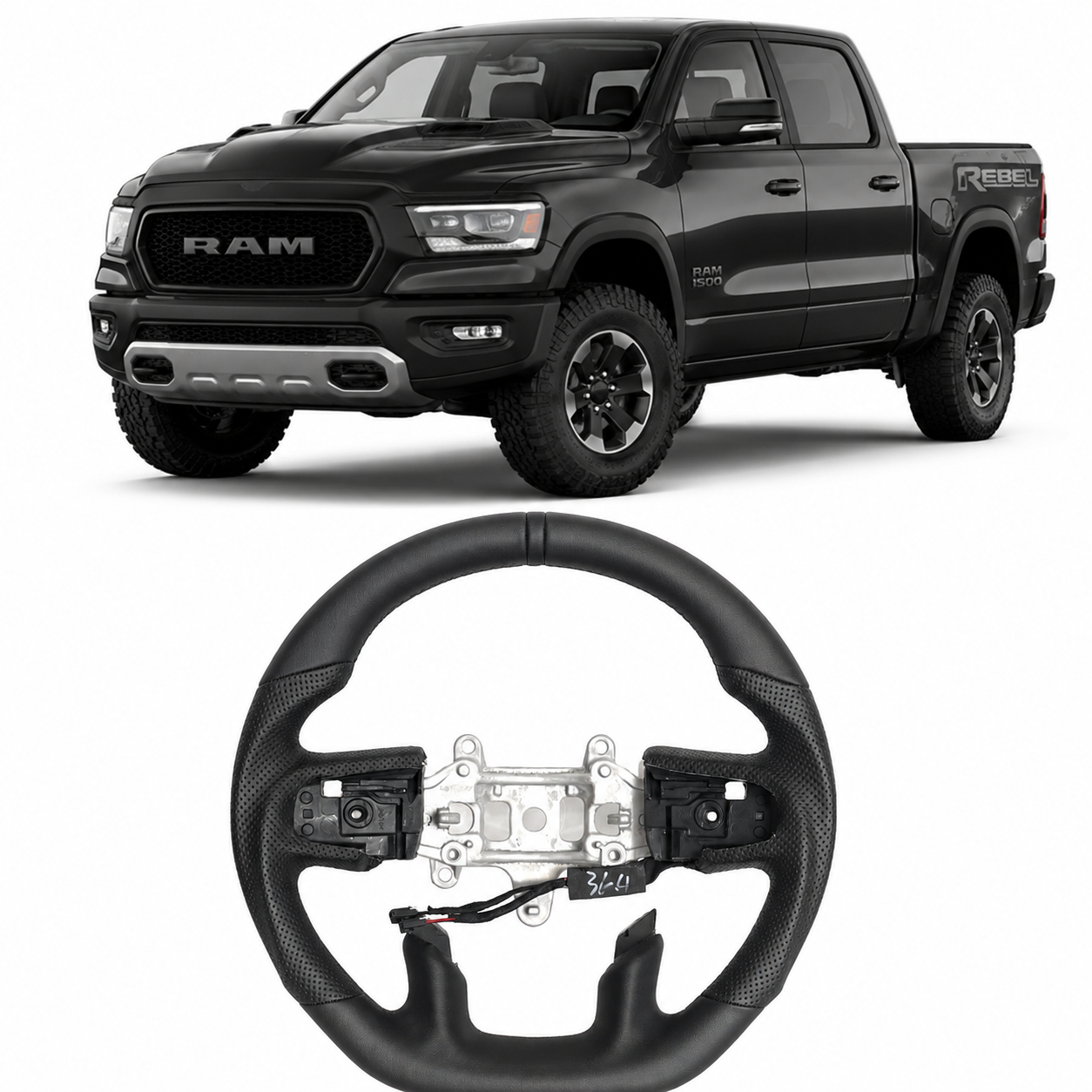 Black Full Leather Heated Steering Wheel with Red Center Stripe for Ram 1500 Rebel 2019-2024