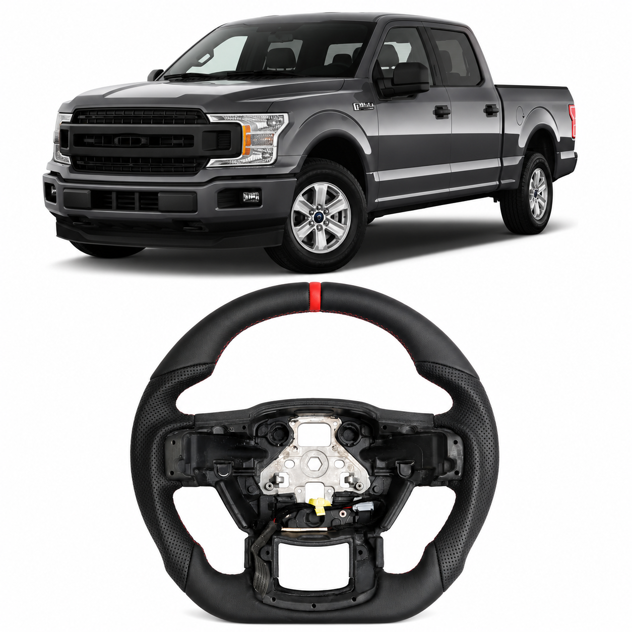 Leather Steering Wheel for Ford F-150 2015-2020 Heated Red Blue Stripe