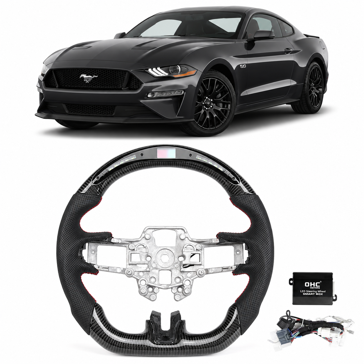 LED RPM Carbon Fiber Steering Wheel for Ford Mustang EcoBoost, GT & Shelby 2018-2023