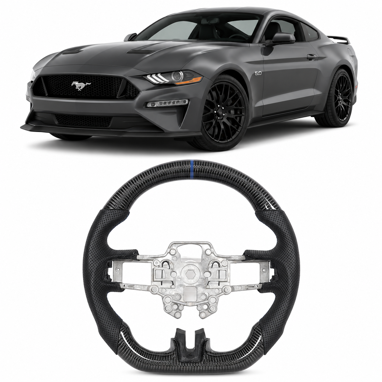 Carbon Fiber Steering Wheel for Ford Mustang 2018-2023 Blue Line