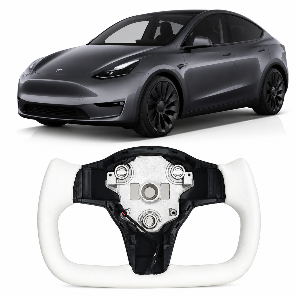 Leather Yoke Heated Steering Wheel for Tesla Model 3/Y White Black Carbon Patches