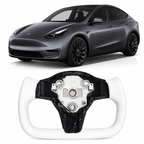 Leather Yoke Heated Steering Wheel for Tesla Model 3/Y White Black Carbon Patches