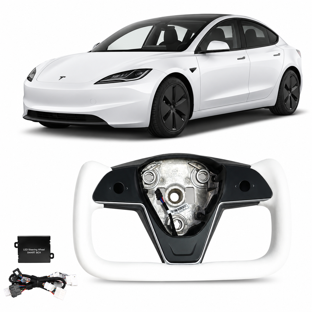Heated White Leather Yoke Steering Wheel for Tesla Model 3 / Model Y