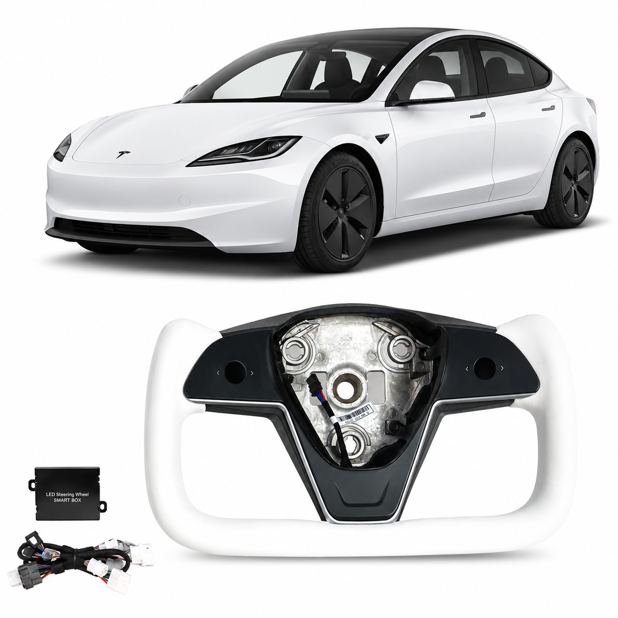 Heated White Leather Yoke Steering Wheel for Tesla Model 3 / Model Y