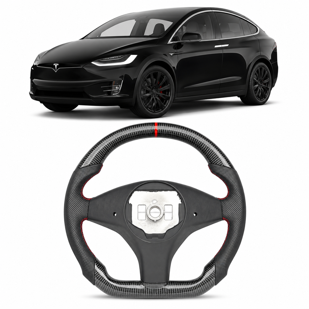 Real Carbon Fiber Sport Steering Wheel for Tesla Model S 2014–2020 & Model X 2016–2020 Black Leather Heated