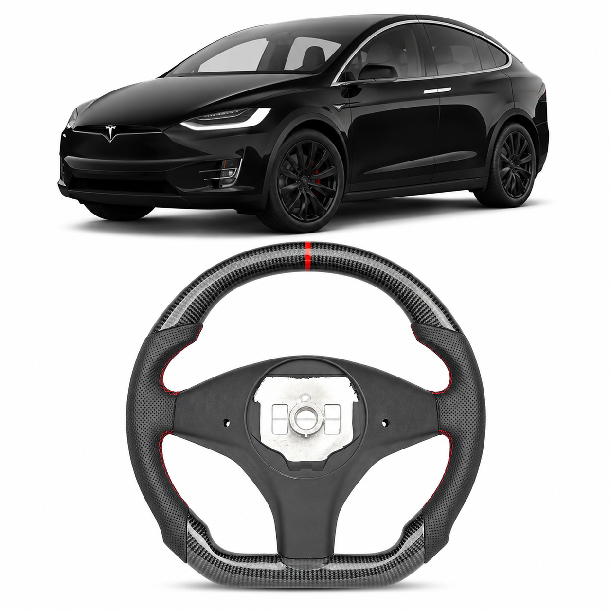 Real Carbon Fiber Sport Steering Wheel for Tesla Model S 2014–2020 & Model X 2016–2020 Black Leather Heated