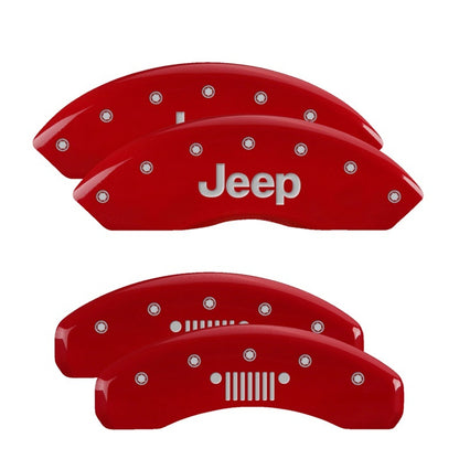 MGP 4 Caliper Covers Engraved Front JEEP Engraved Rear JEEP Grill logo Red finish silver ch