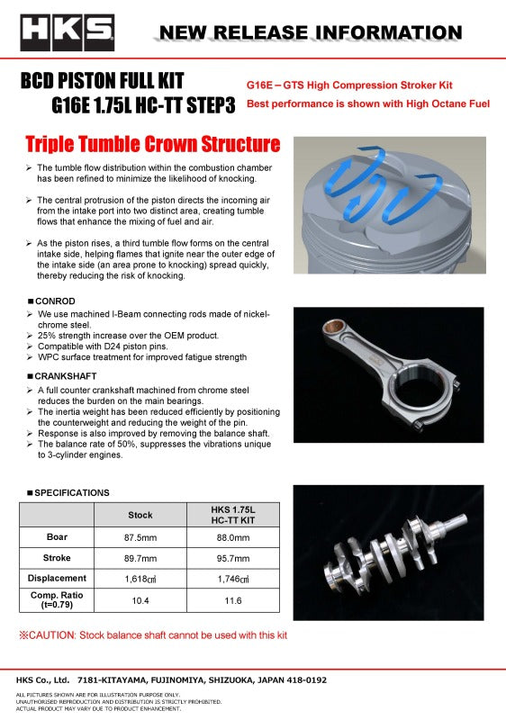 HKS 23-24 Toyota GR Corolla G16E BCD Piston Kit