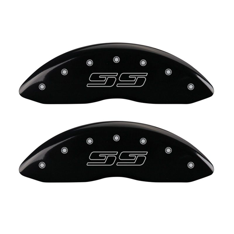 MGP 4 Caliper Covers Engraved Front & Rear Avalanche style/SS Black finish silver ch